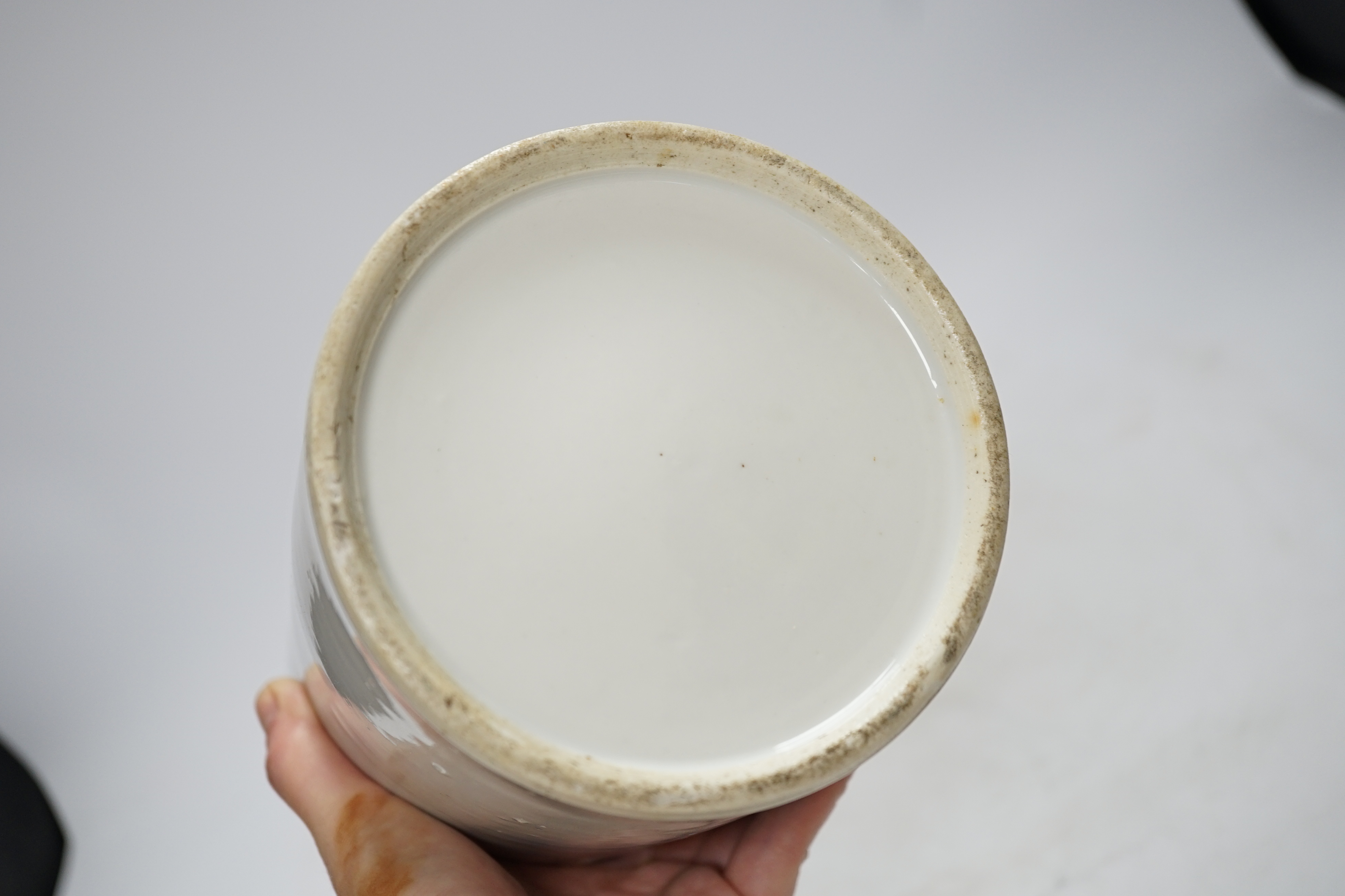 A 19th century Chinese blue and white cylindrical brushpot or sleeve vase, 28.5cm high